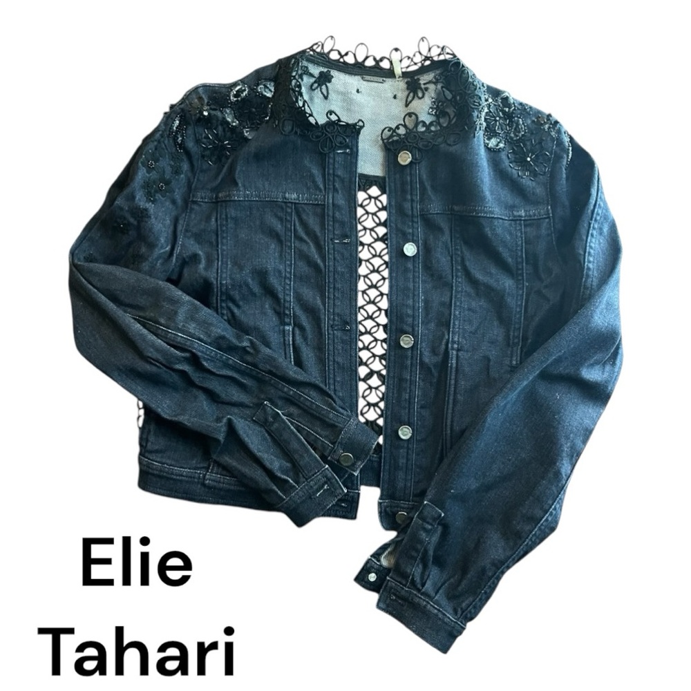 Elie Tahari Esperanza Embroidered Lace-Back Denim Jacket, Blue size M